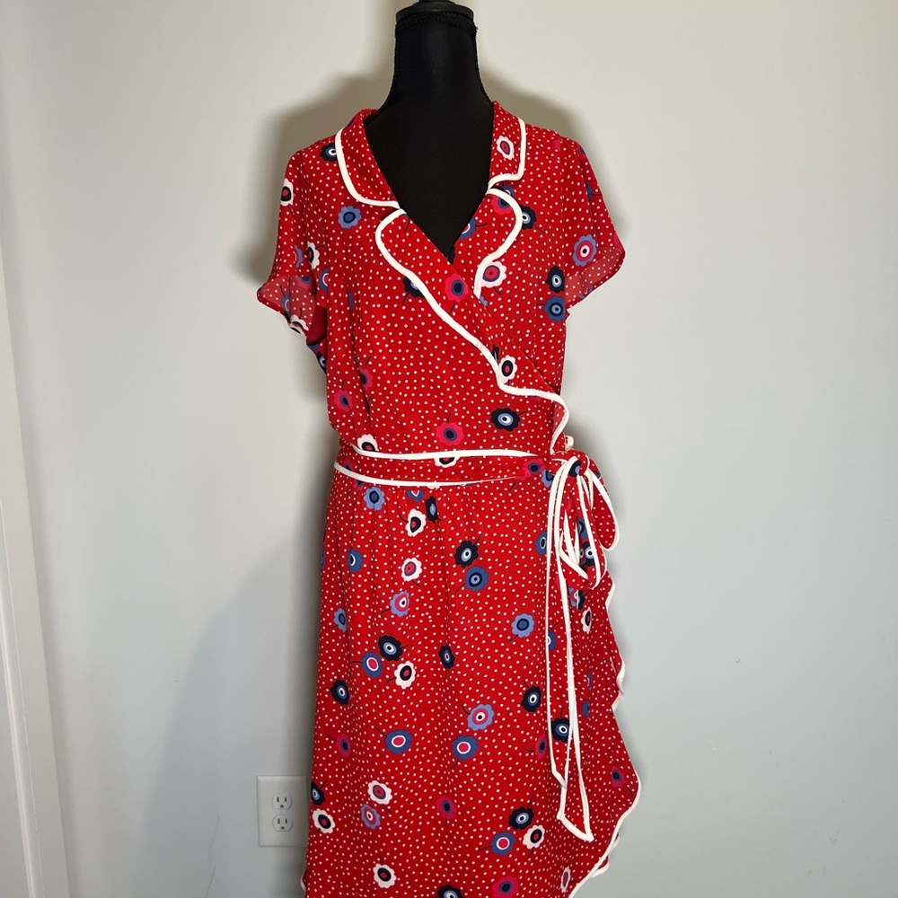 Modcloth Red Asymmetrical Dress with White and Blue Accents